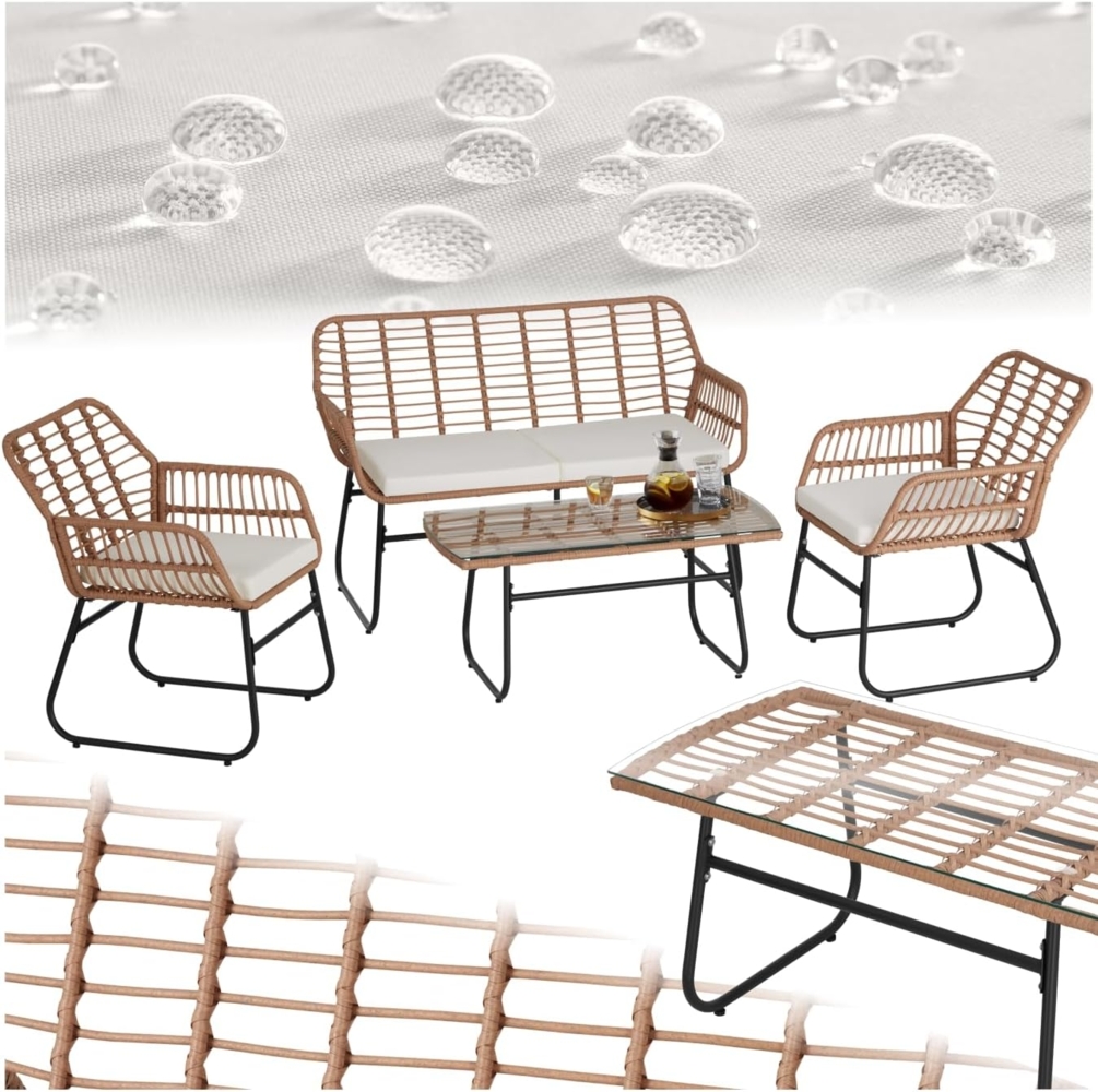tectake® Outdoor Rattan Sitzgruppe, Möbel, Balkonmöbel, Gartenmöbel Set mit 1x Gartenbank, 2X Stühle + Tisch, Balkonmöbelset für Garten, Terrasse, Balkon - Natur Bild 1