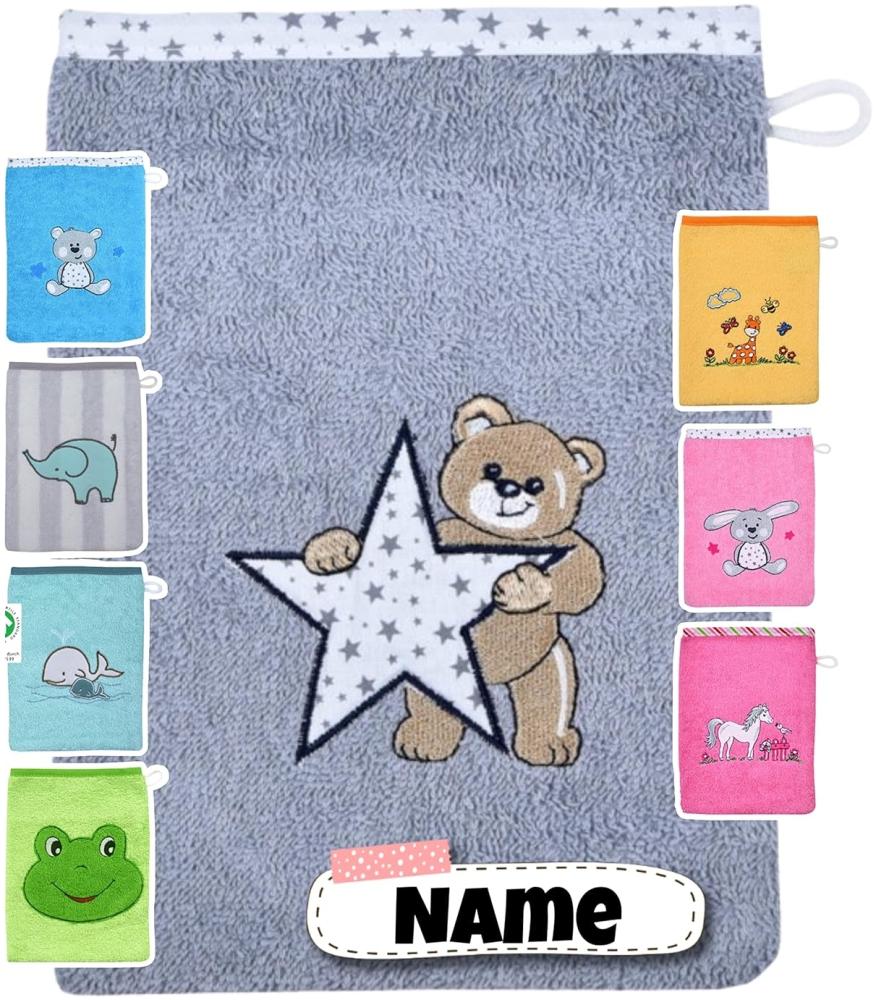 Baby Waschhandschuh personalisiert | 15x20 cm | Waschlappen Kinder mit Namen bestickt | 100% Baumwolle | Frottee | Baby Geschenke (Teddy Stern grau) Bild 1