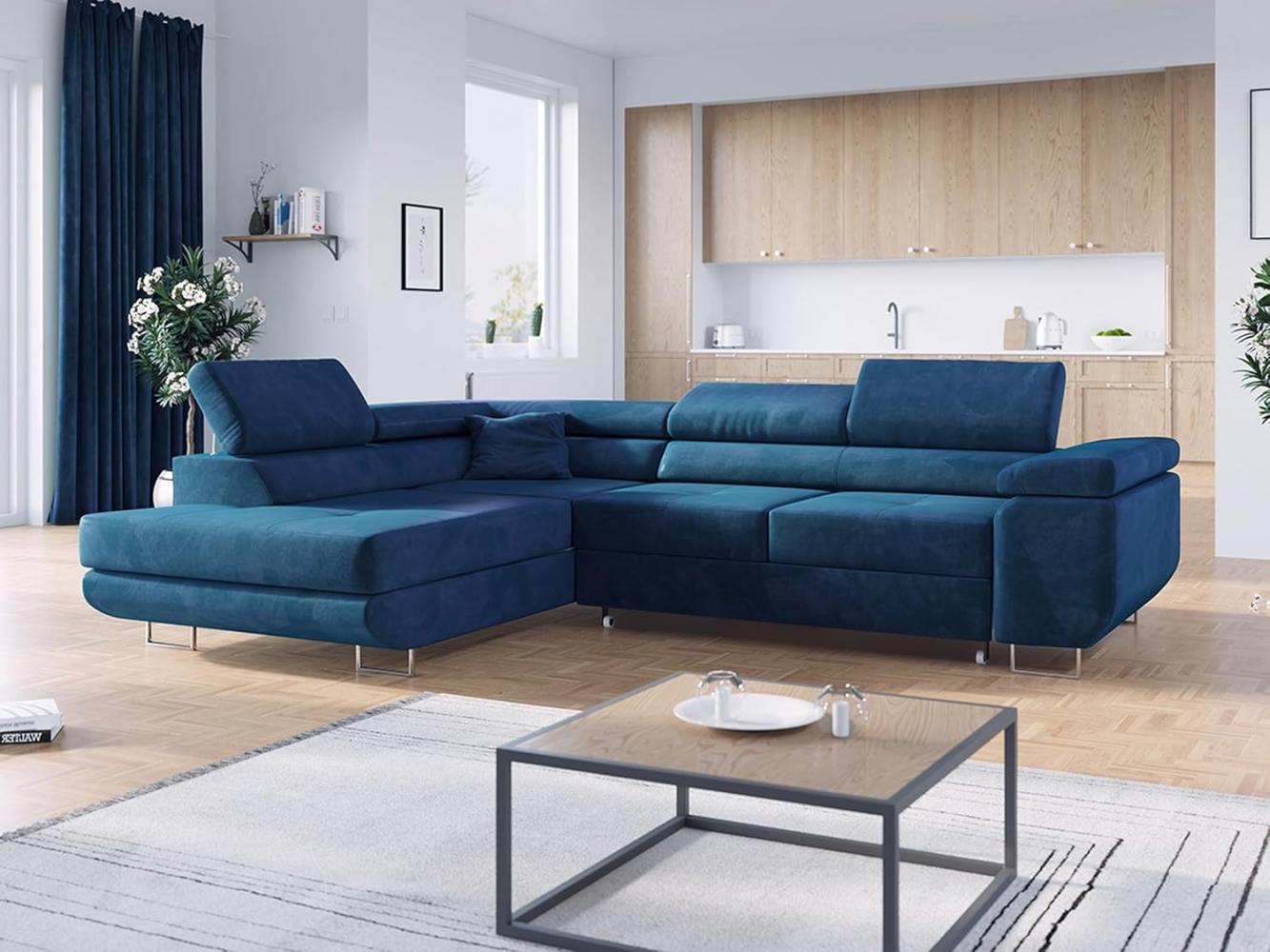 Ecksofa L-Form Couch mit Schlaffunktion und Verstellbare Kopfstützen - GUSTAW - Dunkelblau Velours - Links Bild 1