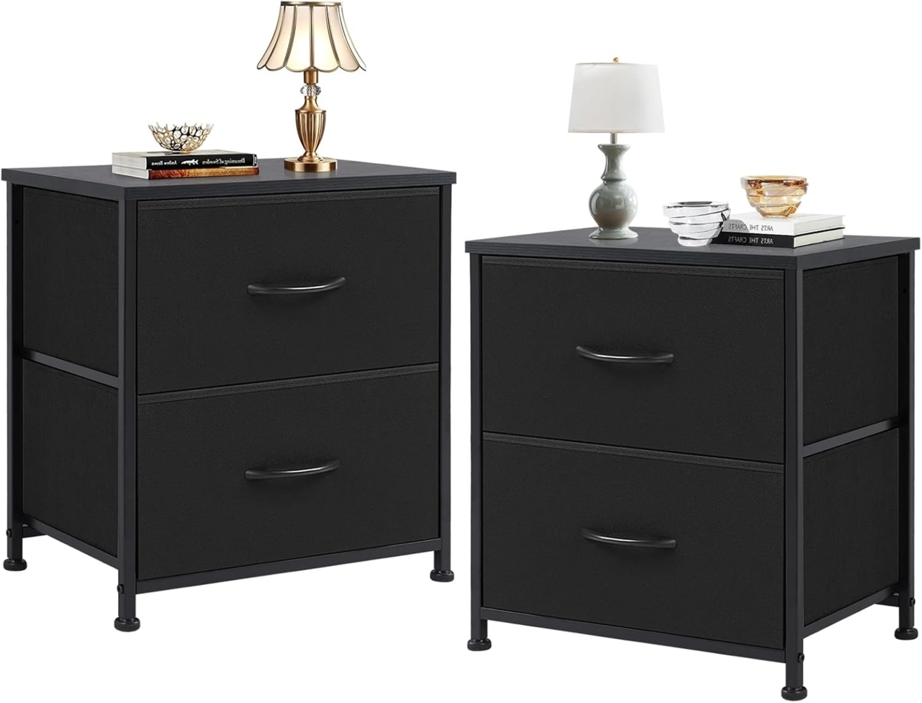 Sweetcrispy Nachttisch 2er Set, Nachttisch Beistelltisch, Stoff Schubladenschrank, Schmal Schrank, Kommode Schlafzimmer, Kinderzimmer, Flur Aufbewahrungsschrank, Schwarz Bild 1