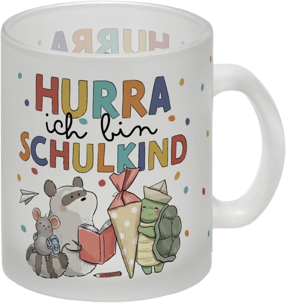 speecheese Tasse Tiere zur Einschulung Glas Tasse mit Spruch Hurra ich bin Schulkind Bild 1