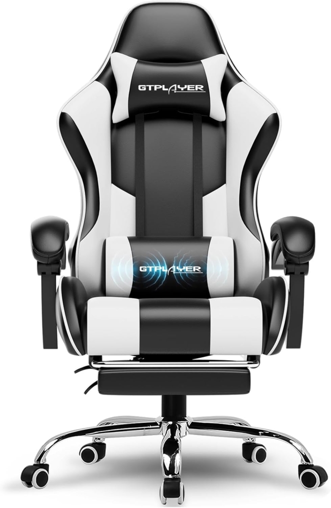 GTPLAYER Gaming Stuhl Bürostuhl Massage Gaming Sessel Ergonomischer Gamer Stuhl mit Fußstütze, Kopfstütze Massage-Lendenkissen, Gepolstert Gaming Chair, Drehsessel, weiß Bild 1