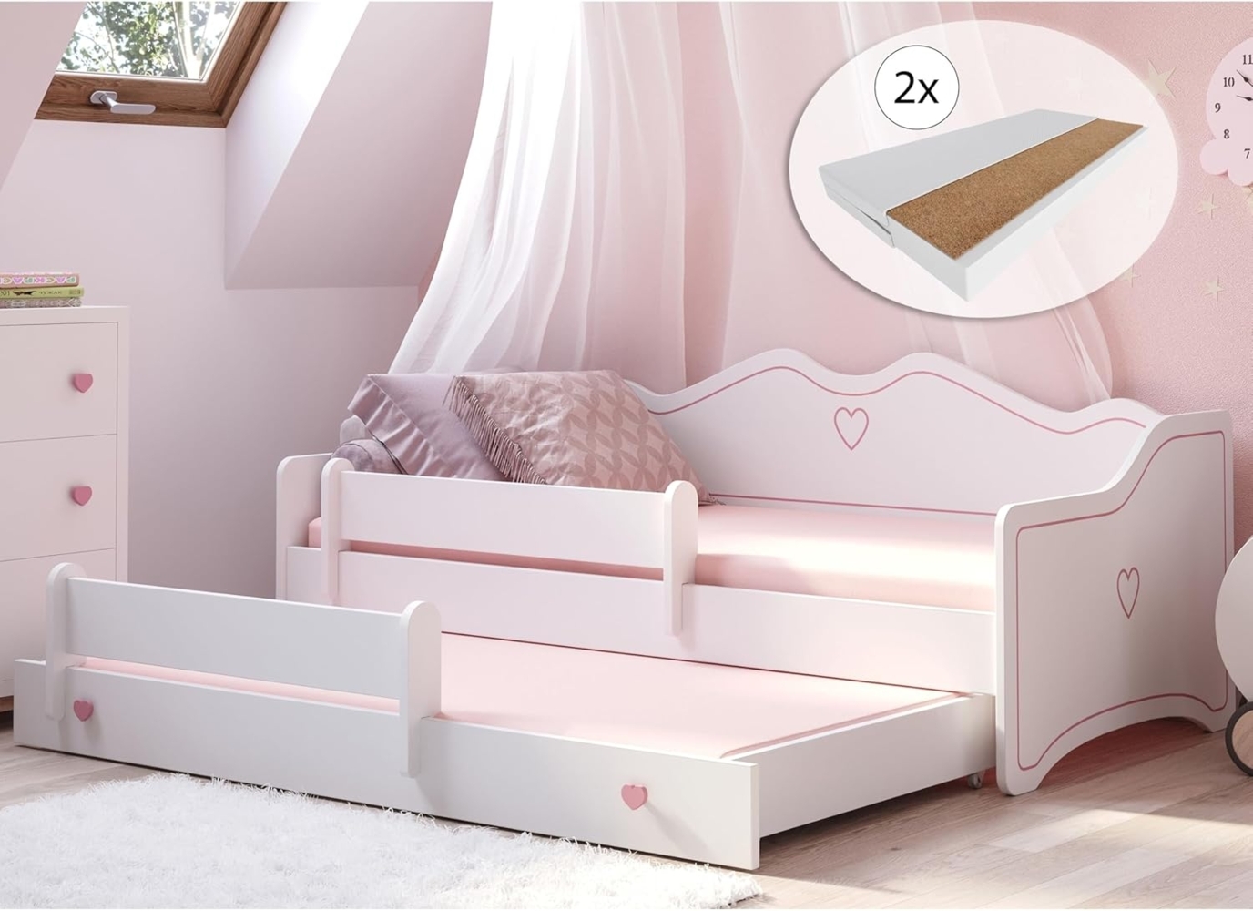 Kids Collective Kinderbett Mädchenbett 80x160 mit Ausziehbett & zwei Matratzen Kinderbett, Jugendbett Funktionsbett mit Rausfallschutz, Prinzessin weiß rosa Bild 1