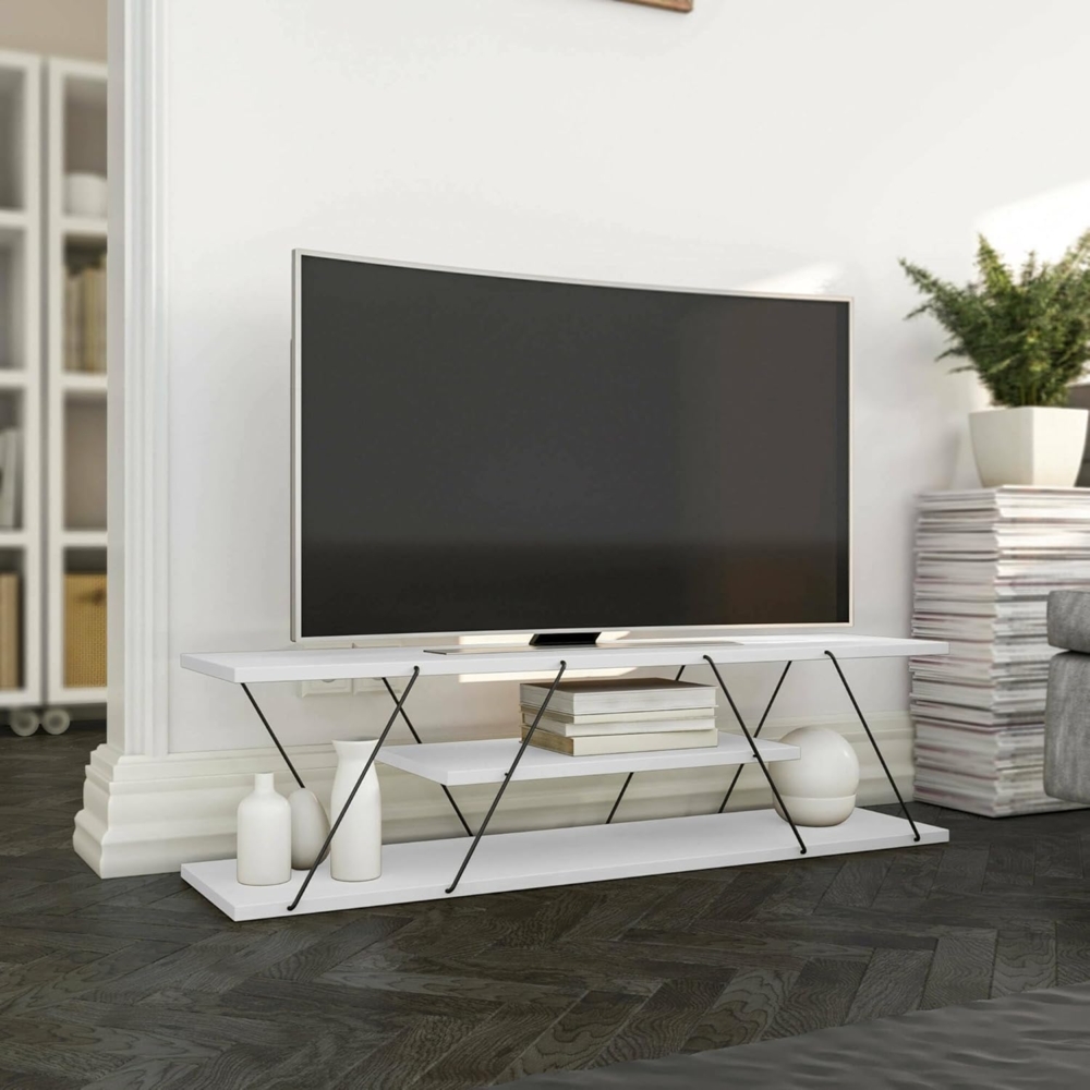 Dmora - Fernsehschrank Lysithea, Ständer für Wohnzimmerfernseher, Niedriges Wohnzimmer-Sideboard, TV-Ständerbasis, 120x30h33 cm, Weiß und Schwarz Bild 1