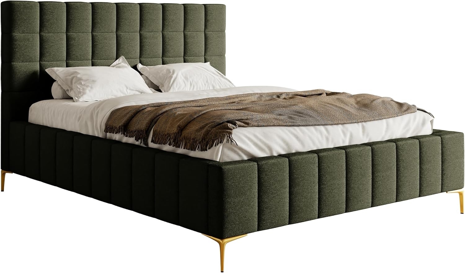 Selsey Bett Polsterbett Doppelbett 140x200 cm Mit Bettkasten Metallrahmen Goldene Beine Gasdruckfeder Schlafbett Chenille Olivengrün Szejlo Bild 1