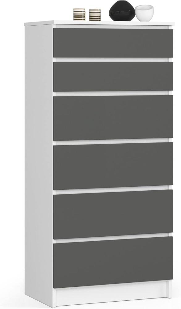 AKORD Kommode K60 mit 6 Schubladen | für das Wohnzimmer Schlafzimmer Schrank Büro Arbeitszimmer | Modernes Funktionales Design | B60 x H130 x T40 cm, Gewicht 43kg | Weiß/Graphitgrau Bild 1