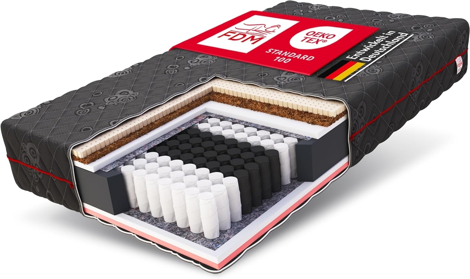 FDM Black Taschenfederkernmatratze 120x200 cm Latex Matratze 22 cm Höhe 7-Zonen Härtegrad H4/H3 (Hart/Mittelhart) Thermoplastischer Visco-Schaum Bezug Zweiseitig Abnehmbar Waschbar TFK Bild 1