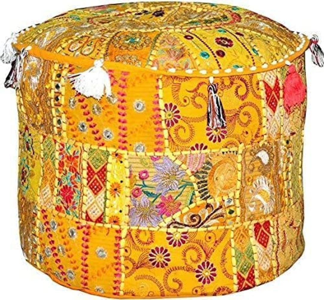 Aakriti Indian Pouf Fußhocker mit Stickerei Pouf, indische Baumwolle, Pouffe osmanischen Pouf Cover mit ethnischem Dekor Kunst - Cover (Yellow, 56x35 cms) Bild 1