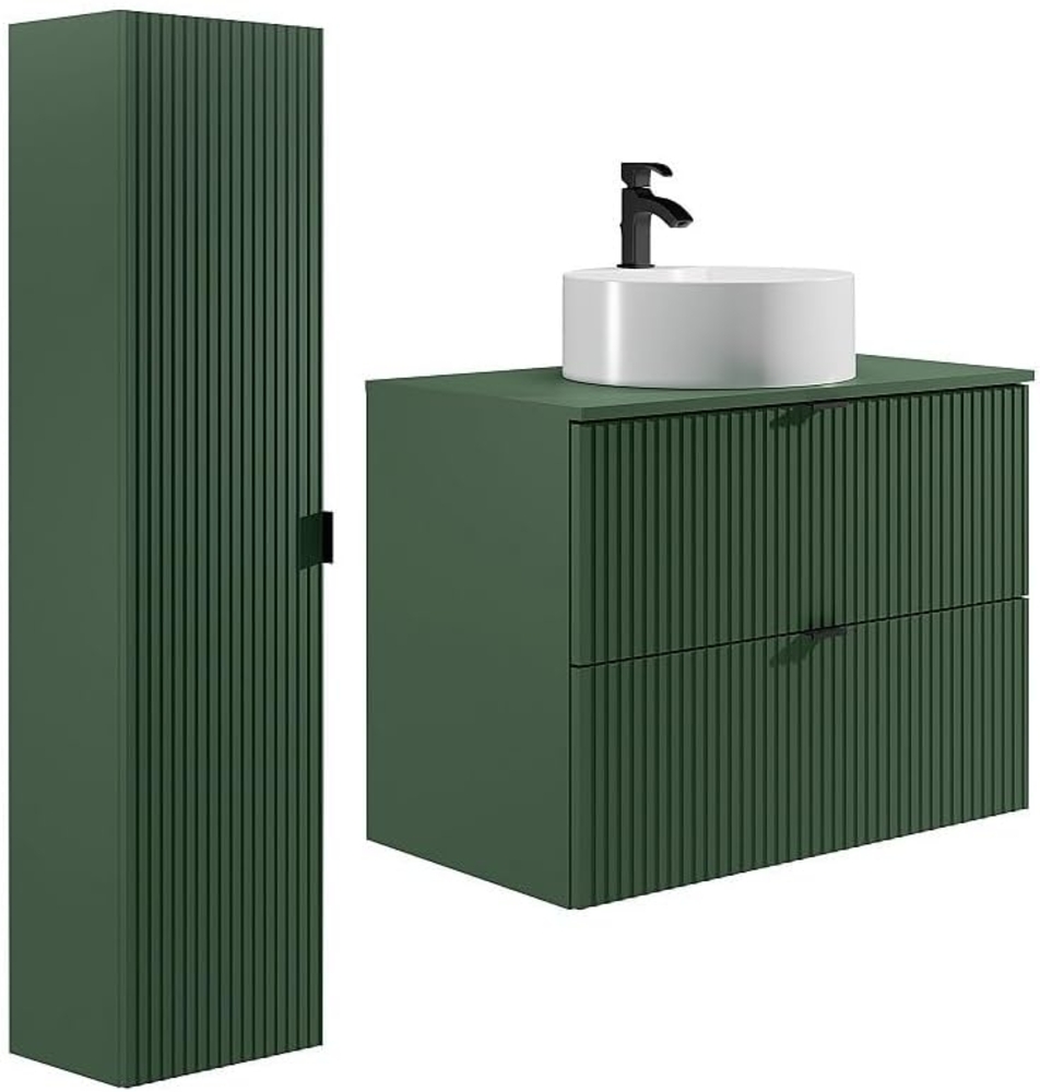 Vente-unique - Waschbeckenunterschrank hängend mit Aufsatzwaschbecken & Badhochschrank - Streifenoptik - Grün matt - 80 cm - ZEVINI Bild 1