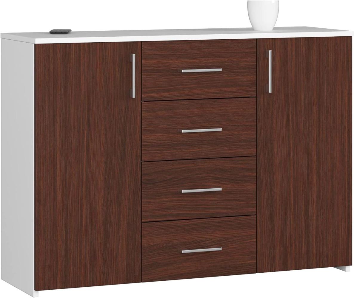AKORD Kommode K45 mit 4 Schubladen und 2 Ablagefächern mit Türen | für das Wohnzimmer Schlafzimmer Schrank Büro Arbeitszimmer | B110 x H80 x T35 cm, Gewicht 43kg | Weiß/Wenge Bild 1