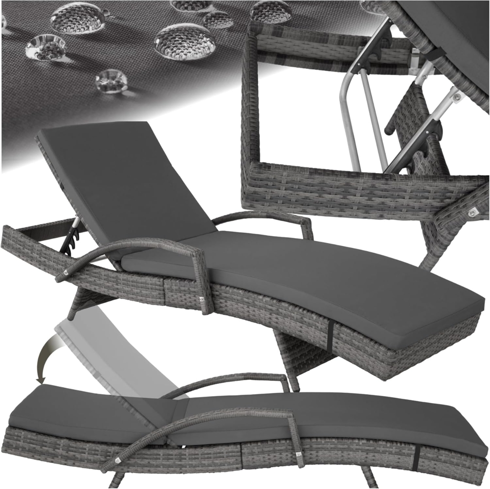tectake® Polyrattan Sonnenliege, Gartenliege mit 5-Fach Verstellbarer Rückenlehne, wetterfest, Outdoor Relaxliege mit weicher Polsterauflage, Rattanliege für Garten, Balkon und Terrasse - grau Bild 1