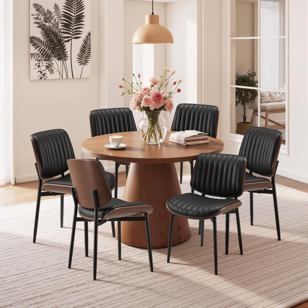 COLAMY Esszimmerstuhl 6er Set, Esszimmer- und Küchenstühle, Gepolsterte Stühle im Mid-Century-Modern-Stil mit Walnuss-Bugholz und Metallbeinen,Schwarz Bild 1