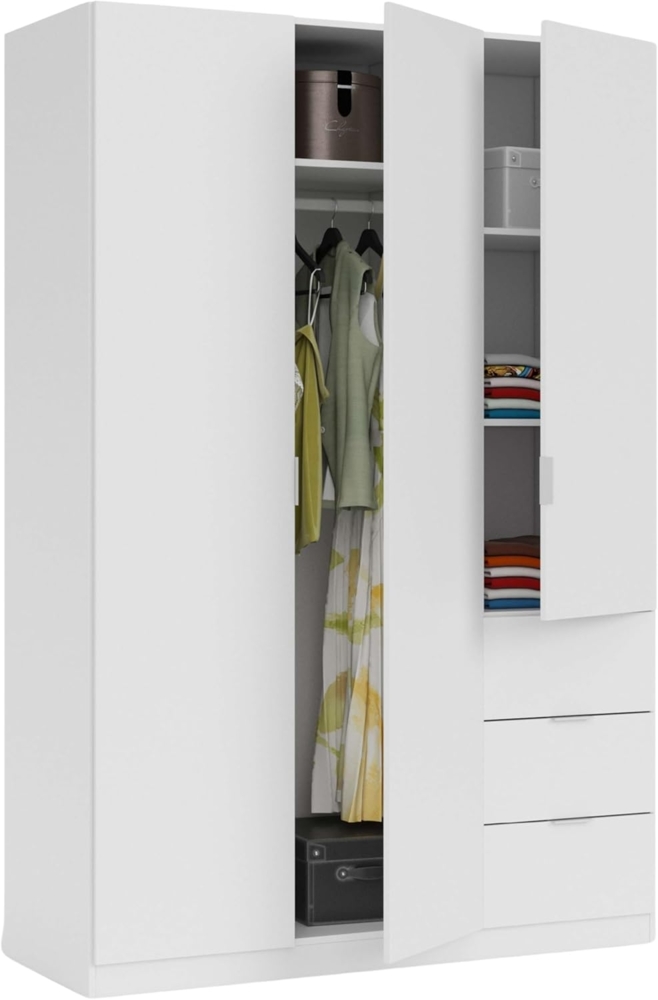 Habitdesign Kleiderschrank Türen und DREI Schubladen, Finish in Weiß, Maße: 135 cm 200 cm (Höhe) x 52 cm (Breite), Holz, Grande Bild 1