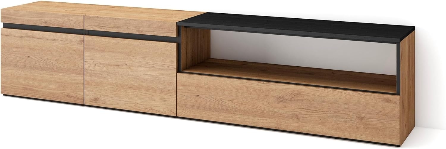 Skraut Home | TV-Schrank, Lowboard | für Wohnzimmer und Esszimmer | 200x45x35cm | Für TV-Geräte bis zu 80" | Fernsehtisch | Moderner Stil | Eiche Schwarz Bild 1