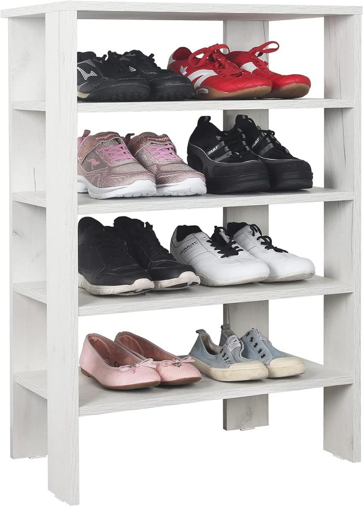 RICOO Schuhregal schmal und hoch 88 x 55 x 32 cm Standregal Pressholz Eiche Weiß WM040-EP, Schuhständer mit 4 Ebenen, Schuhschrank offen, Schuhablagen Flur Shoe Rack, Schuhablage klein, Schuhregale Bild 1