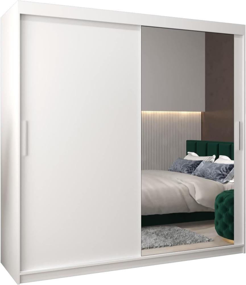 Kryspol Schwebetürenschrank Tokyo 2-200 cm mit Spiegel Kleiderschrank mit Kleiderstange und Einlegeboden Schlafzimmer- Wohnzimmerschrank Schiebetüren Modern Design (Weiß) Bild 1