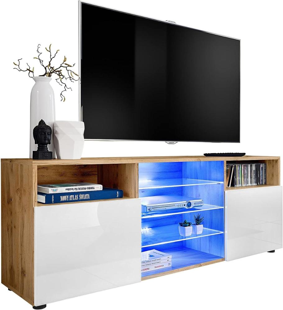 ExtremeFurniture T38 TV Lowboard, Karkasse in Wotan Matt/Front in Weiß Hochglanz mit LED in RGB Bild 1