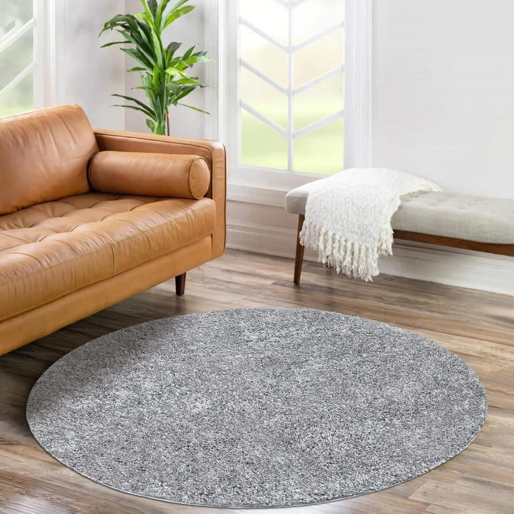 carpet city Shaggy Hochflor Teppich - Rund 160 cm - Grau - Langflor Wohnzimmerteppich - Einfarbig Uni Modern - Flauschig-Weiche Teppiche Schlafzimmer Deko Bild 1