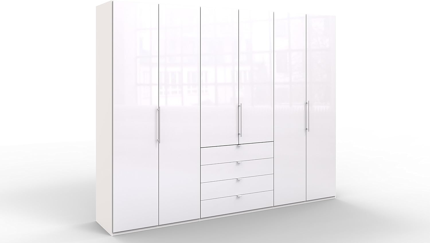 WIEMANN Loft Kleiderschrank, Schlafzimmerschrank, Gleittürenschrank, Drehtürenschrank, mit Schubladen, Glas, weiß, B/H/T 300 x 236 x 58 cm Bild 1