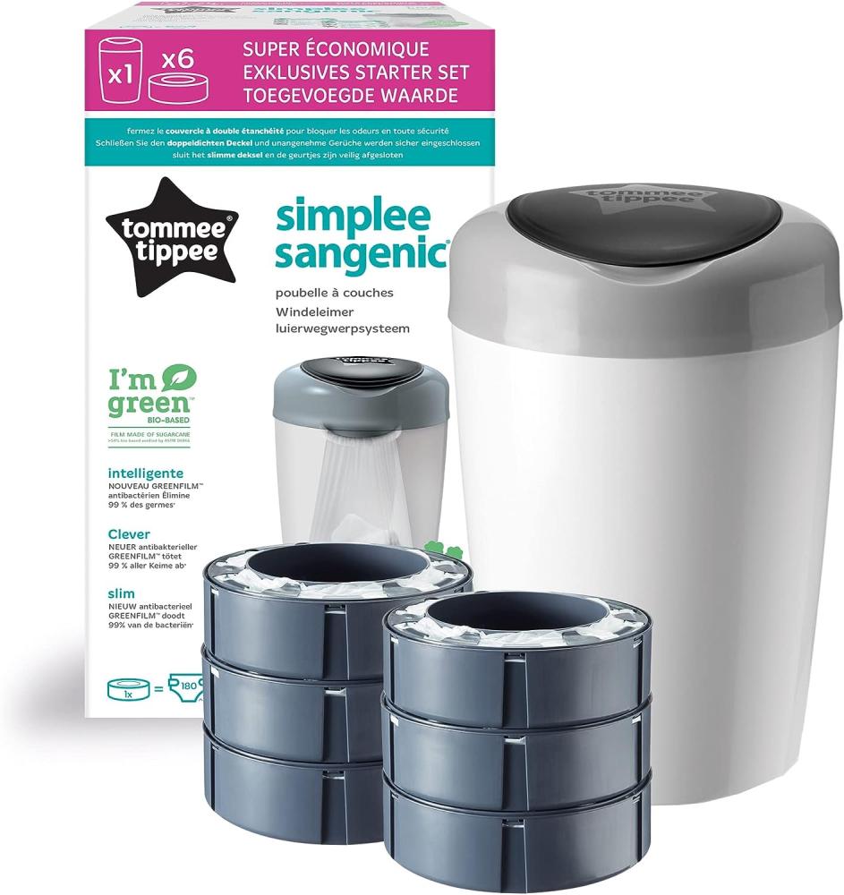 Tommee Tippee Windeleimer Simplee Sangenic, inklusive 6 Nachfüllkassetten, weiß und grau Bild 1