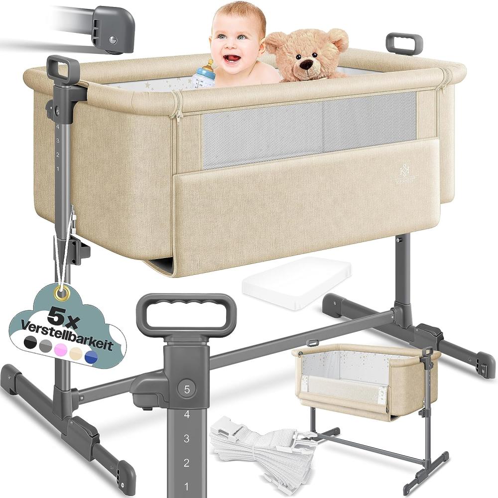 KESSER® Zustellbett Hubi 3in1 Baby Beistellbett Reisebett Babybett mit weich Matratze, mit Rollen Kinderbett, 5-fach Höhenverstellung, Faltbare Seitenwand für zu Hause und unterwegs Beige Bild 1