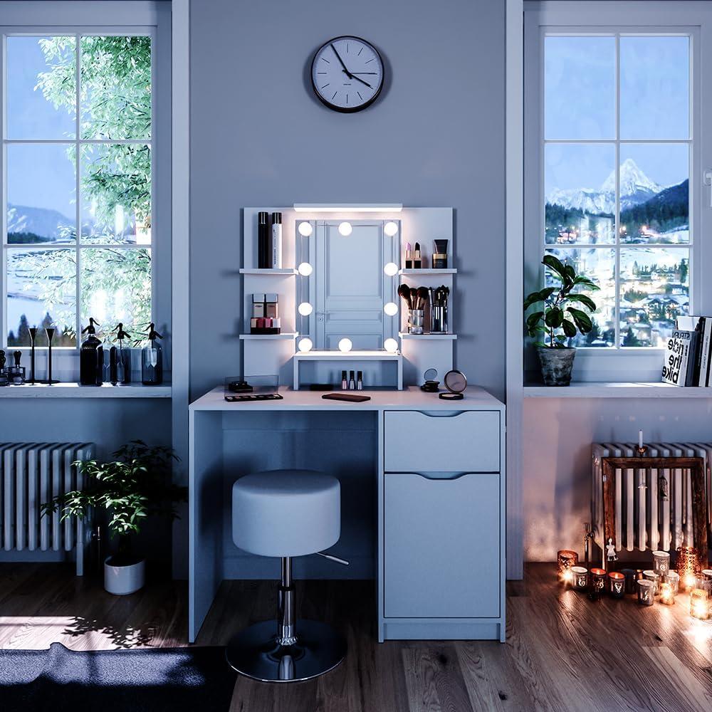 Vicco Schminktisch Weiß 100 cm mit LED Beleuchtung und Hocker, Ruben Little Bild 1