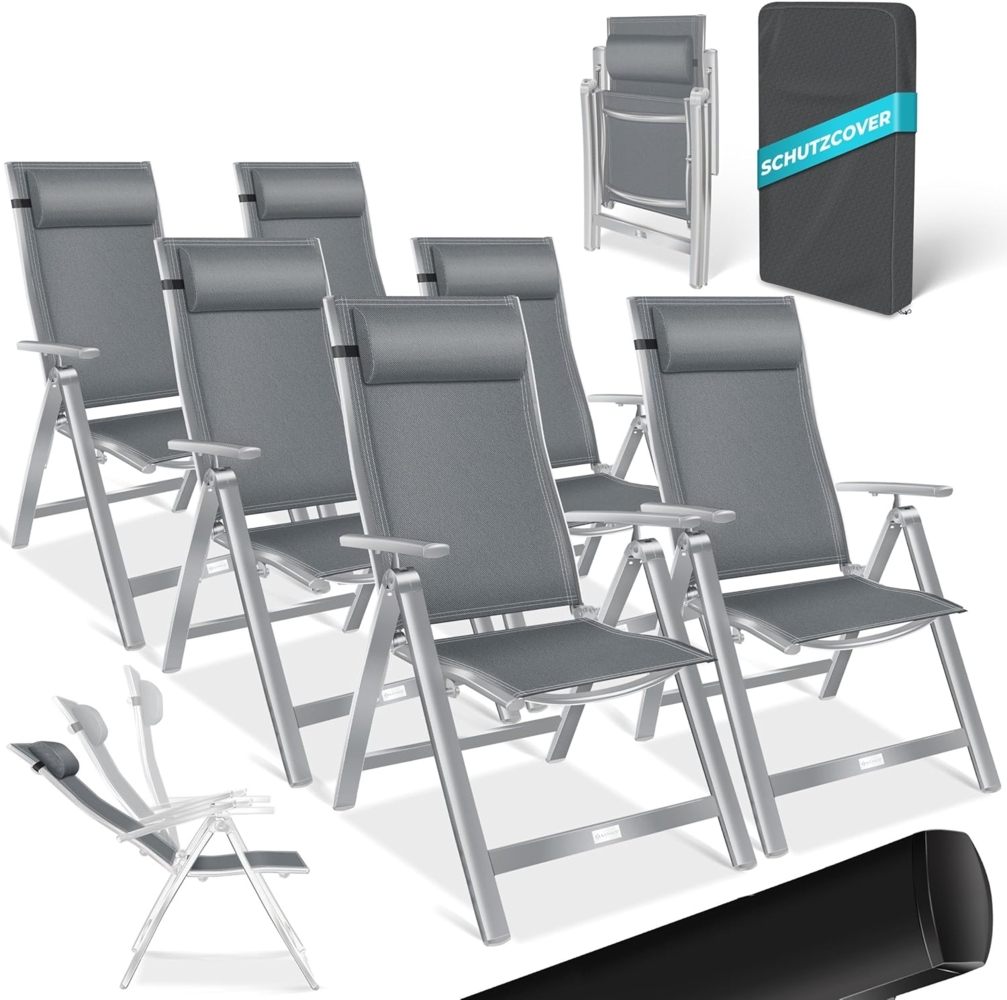 KESSER® Gartenstuhl Hochlehner mit Armlehnen | Aluminium Klappstuhl inkl. Kopfkissen Campingstuhl 7-Fach Verstellbar Rückenlehne | Atmungsaktiv & Wetterfest | Klappbar & Anti-Rutsch Hellgrau, 6 Stück Bild 1