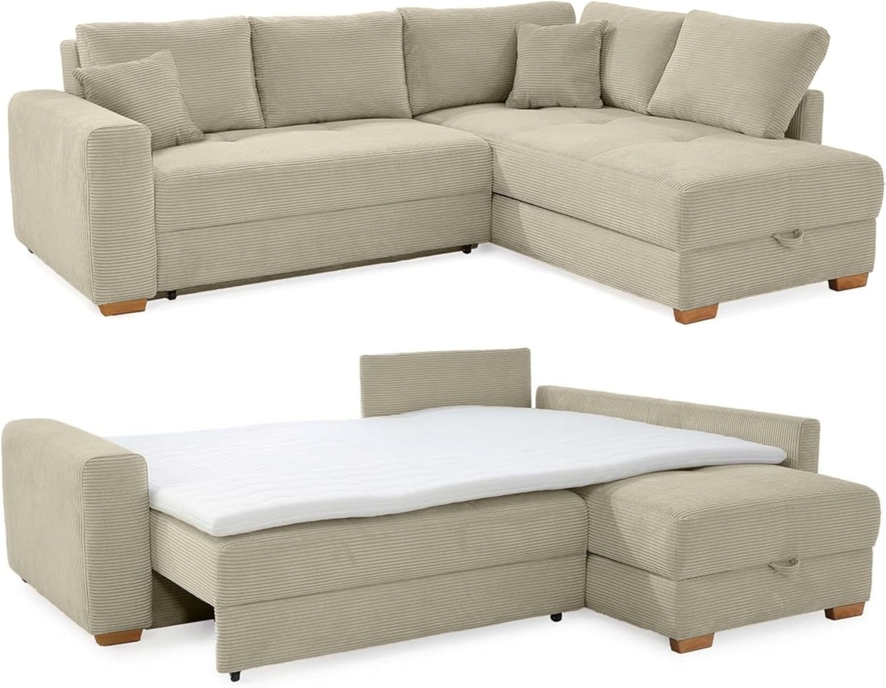 luma-home Ecksofa 15212, Dauerschläfer 257x206 cm mit Bettkasten und separatem Topper, Boxspringpolsterung, Ottomane links oder rechts, Cord Beige Grau Bild 1