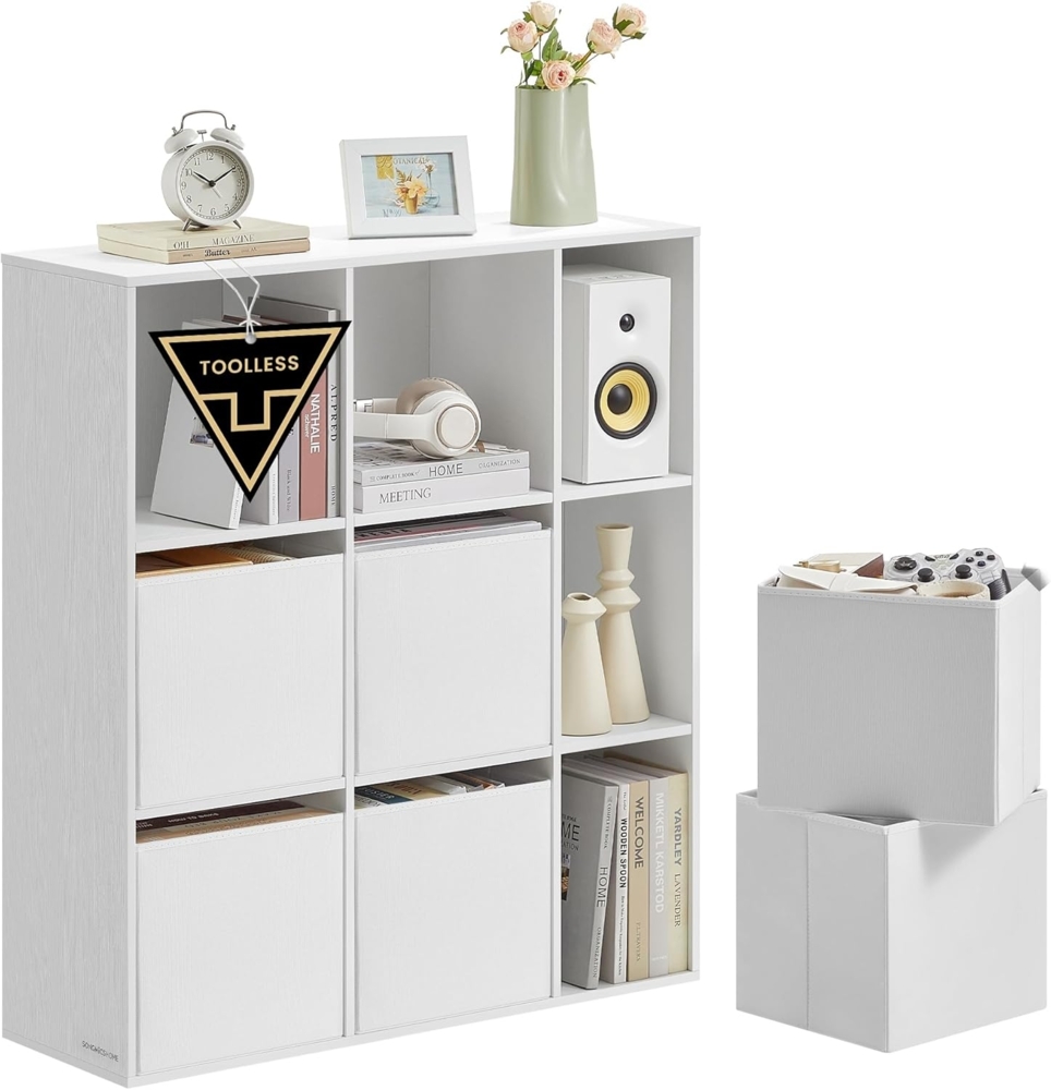 Bücherregal, superschnelle werkzeuglose Montage, Regal, 6 Stoffboxen Bild 1