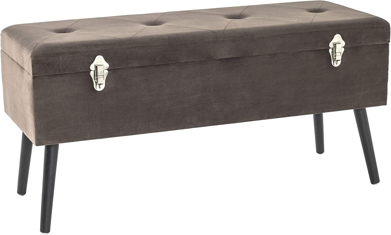 Sitztruhe Sitzbank Samtgewebe taupe / Kiefernholz schwarz 106x40x52cm Bild 1