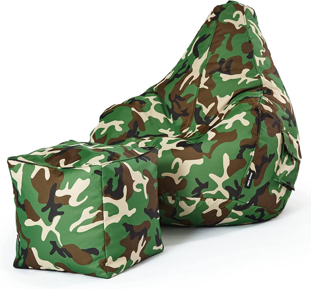 Green Bean© 2er Set Sitzsack + Hocker "Cozy+Cube" - fertig befüllt - Bean Bag Bodenkissen Sitzhocker Gamingstuhl Pouf - Camouflage Grün Bild 1