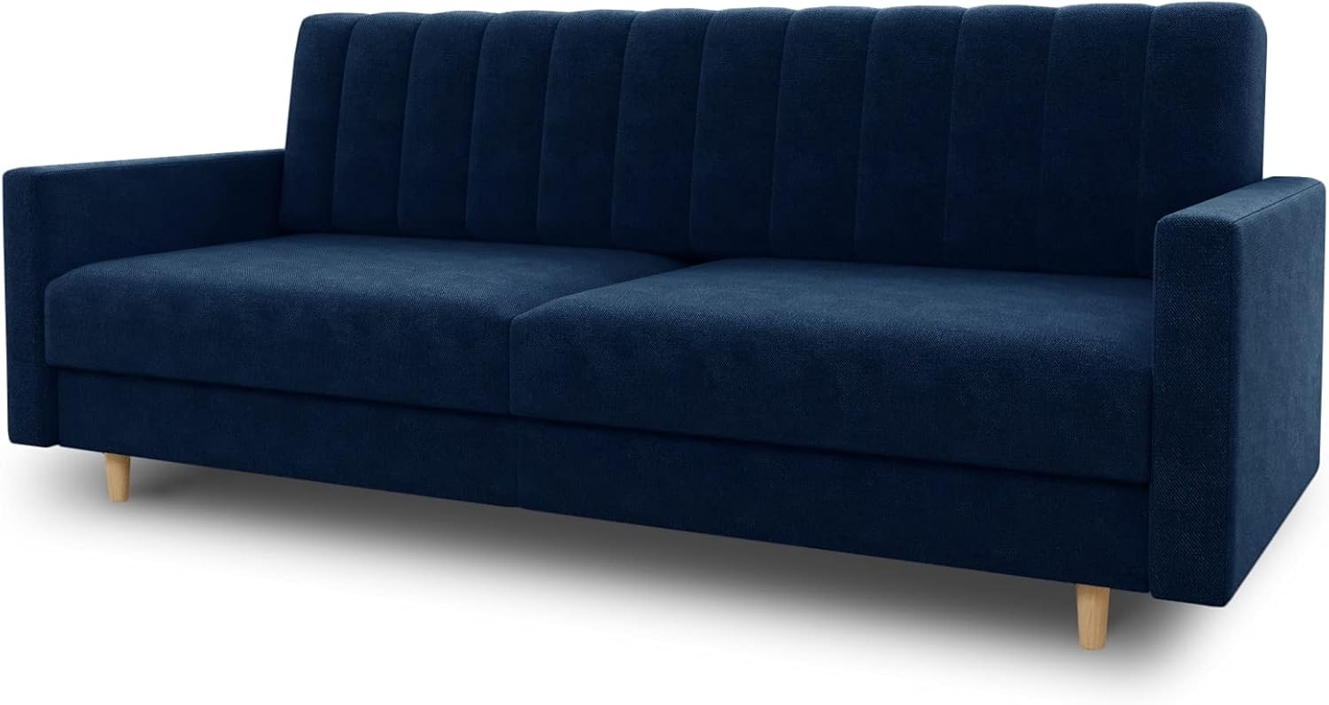 Schlafsofa Sara - Sofa mit Bettkasten und Schlaffunktion, Bettsofa, Schlafcouch mit Holzfüße, Velours (Dunkelblau (Kronos 09)) Bild 1