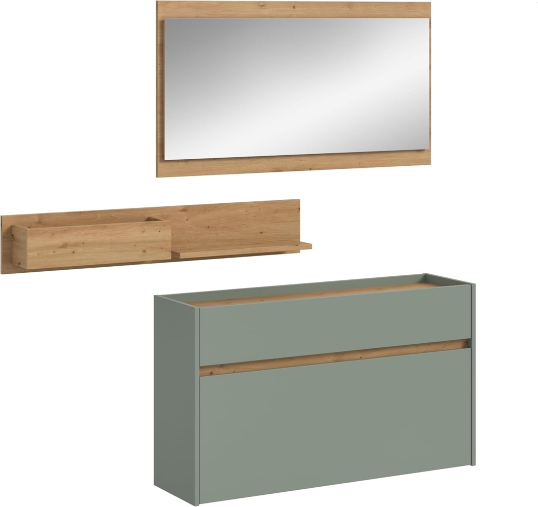 xonox. home – 3 teilige Garderobenkombination Drive 140 x 192 x 32 cm in Salbei und Artisan Oak Nachbildung – Set mit Spiegel, Regal & Schuhkommode – Moderne Garderobe für Diele & Eingangsbereich Bild 1