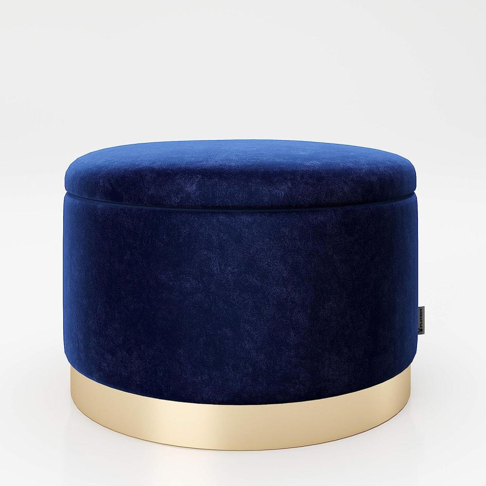 PLAYBOY - runder Pouf "SUE" gepolsterter Sitzhocker mit Stauraum, Samtstoff in Blau, goldener Metallfuss, Retro-Design Bild 1