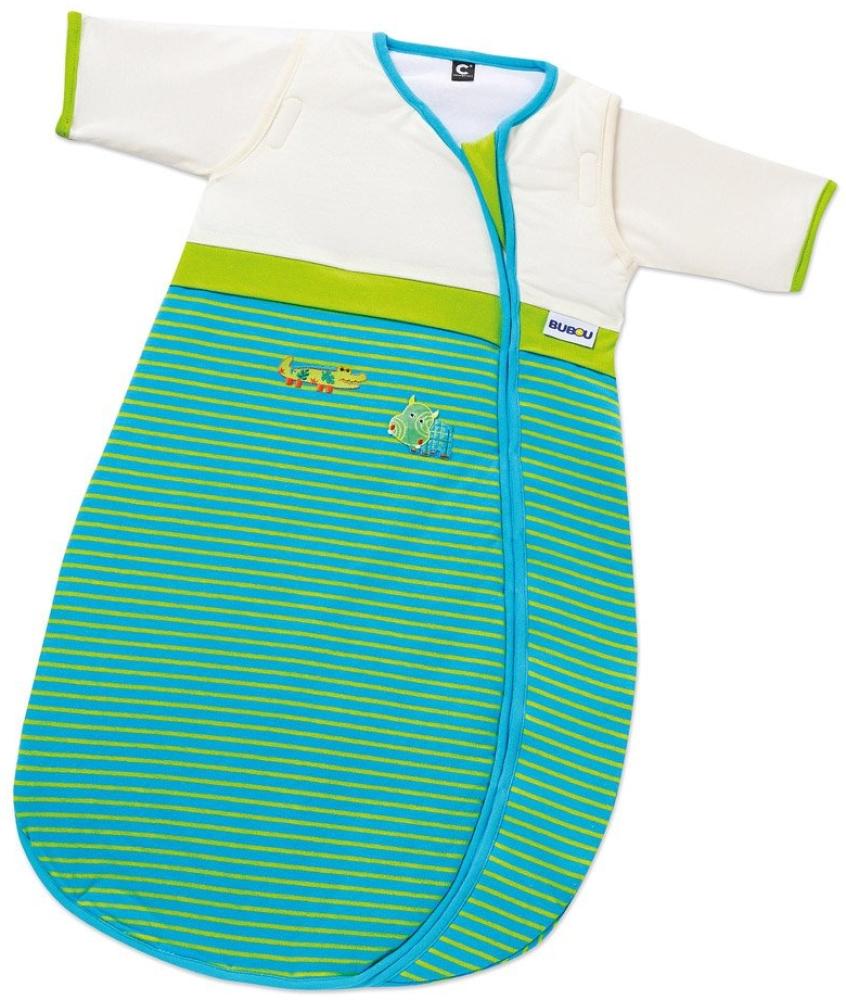 Gesslein 771125 Bubou Babyschlafsack mit abnehmbaren Ärmeln: Temperaturregulierender Ganzjahreschlafsack für Neugeborene, Baby Größe 70 cm, Streifen grün/türkis Streifen mit Krokodil und Fisch, Beige Bild 1