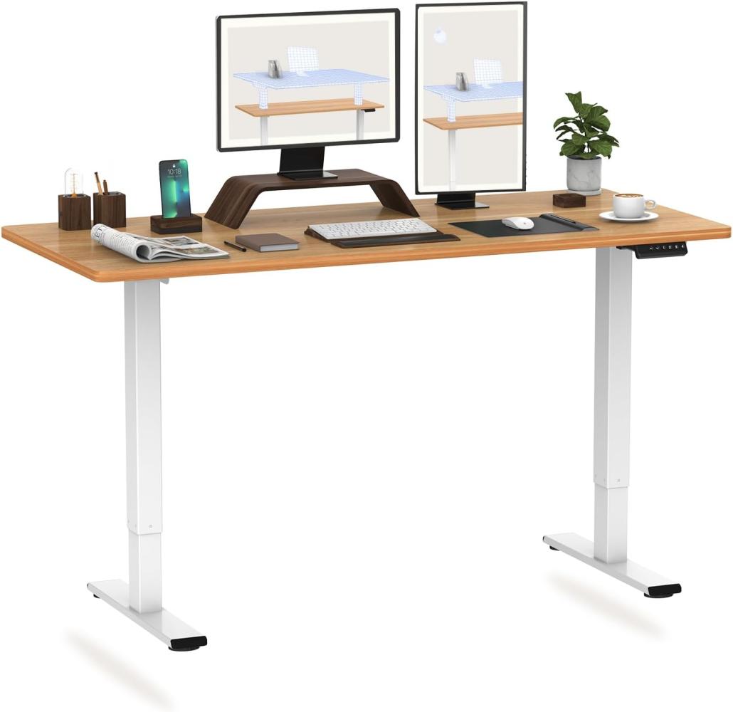 Flexispot Hemera Höhenverstellbarer Schreibtisch (160x80 cm), mit Memory-Steuerung und Softstart/-Stop& integriertes Anti-Kollisionssystem, Weiß Gestell + Ahorn Tischplatte Bild 1