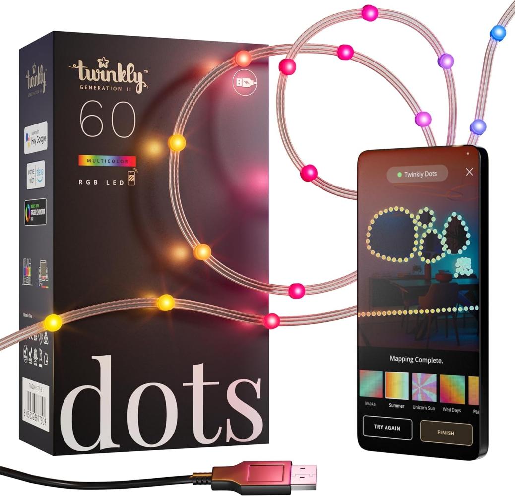 Twinkly Dots - Flexible LED-Lichterkette mit 60 RGB-LEDs - Weihnachtsbeleuchtung für Drinnen und Draußen - App-gesteuerte Weihnachtsdeko, klarer Draht, 3m Bild 1