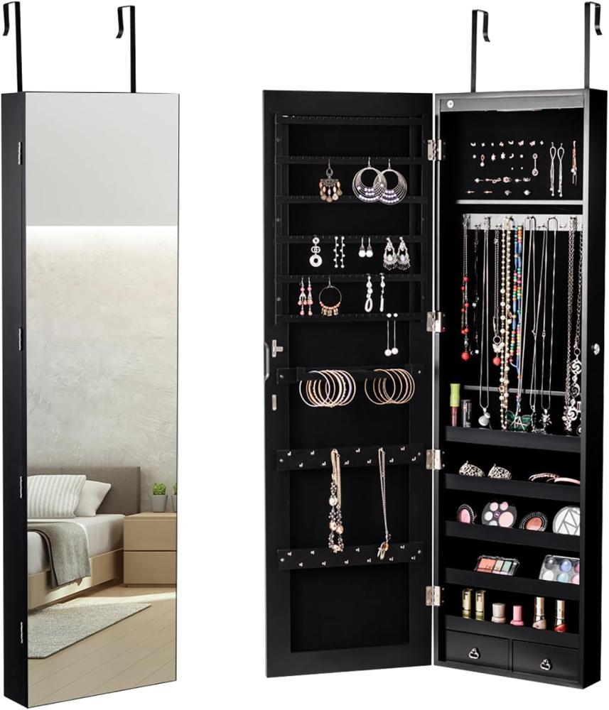 COSTWAY Schmuckschrank mit LED Beleuchtung, Schmuckregal haengend mit Spiegel, abschliessbar mit Schlüsseln, 120 cm hoch, schwarz Bild 1