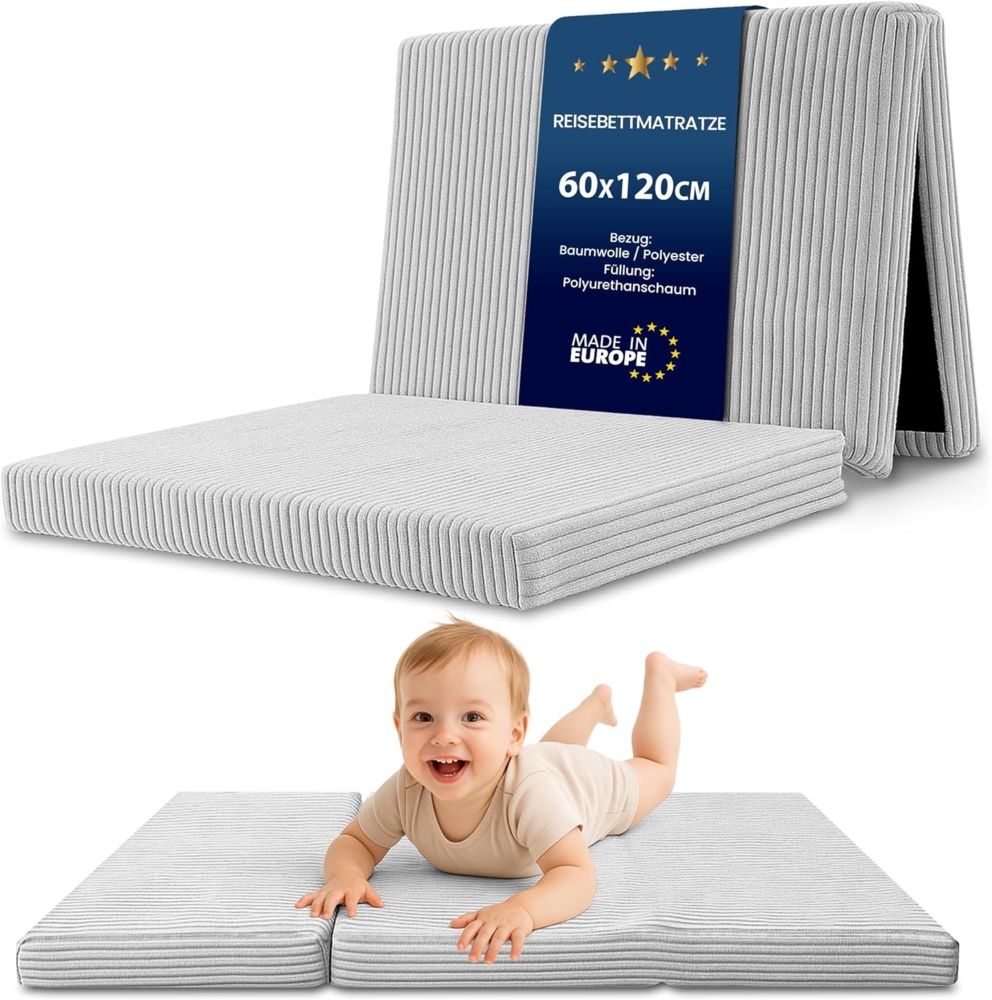 Klappmatratze Faltbare Reisebett Baby Matratze 60x120 cm - Faltmatratze für Kinder Gästematratze klappbar Babymatratze Bodenmatratze Schlafmatratze und Reisematratze Hellgrau Bild 1