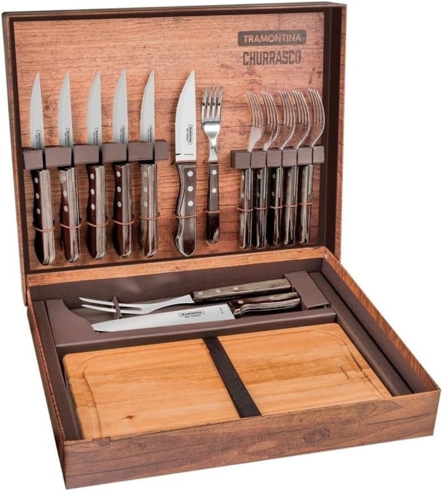 Tramontina Grillbesteck-Set 'Jumbo' BBQ-Koffer, 15-teilig, Grillausstattung mit Steakbesteck, Tranchiermesser & Teakholz-Schneidebrett Bild 1