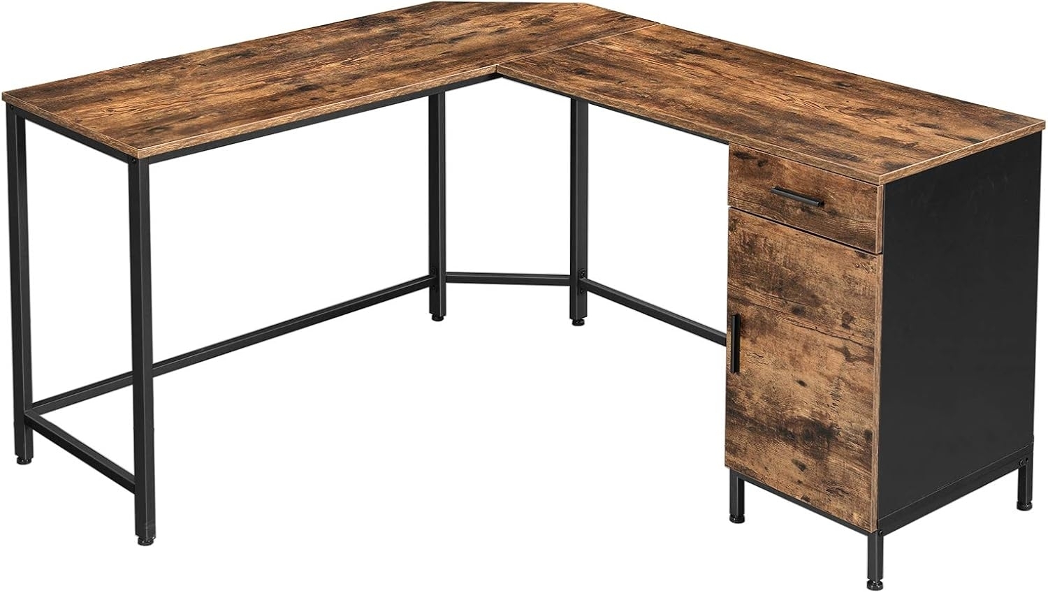 Vasagle Eckschreibtisch, L-förmiger Computertisch, Bürotisch mit Schrank und Schublade, Arbeitszimmer, platzsparend, einfache Montage, Metall, Industrie-Design, Vintagebraun-schwarz von Songmics LWD74X Bild 1