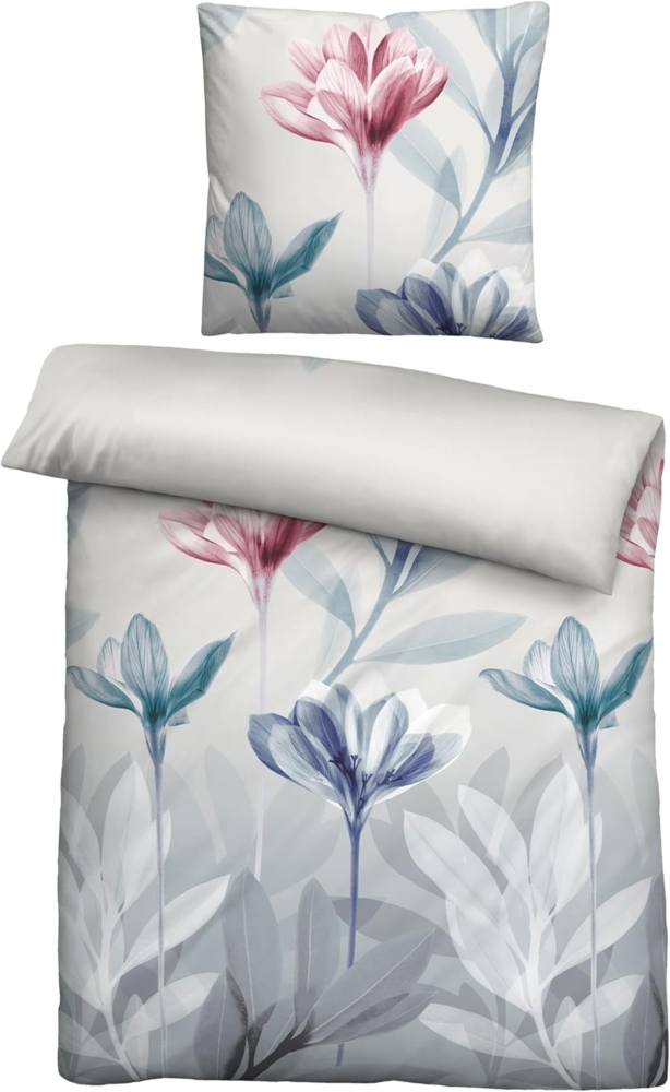 biberna Seersucker Bettwäsche 0025008 BLUME, aqua, 1x 155x220 cm + 1x 80x80 cm Bild 1