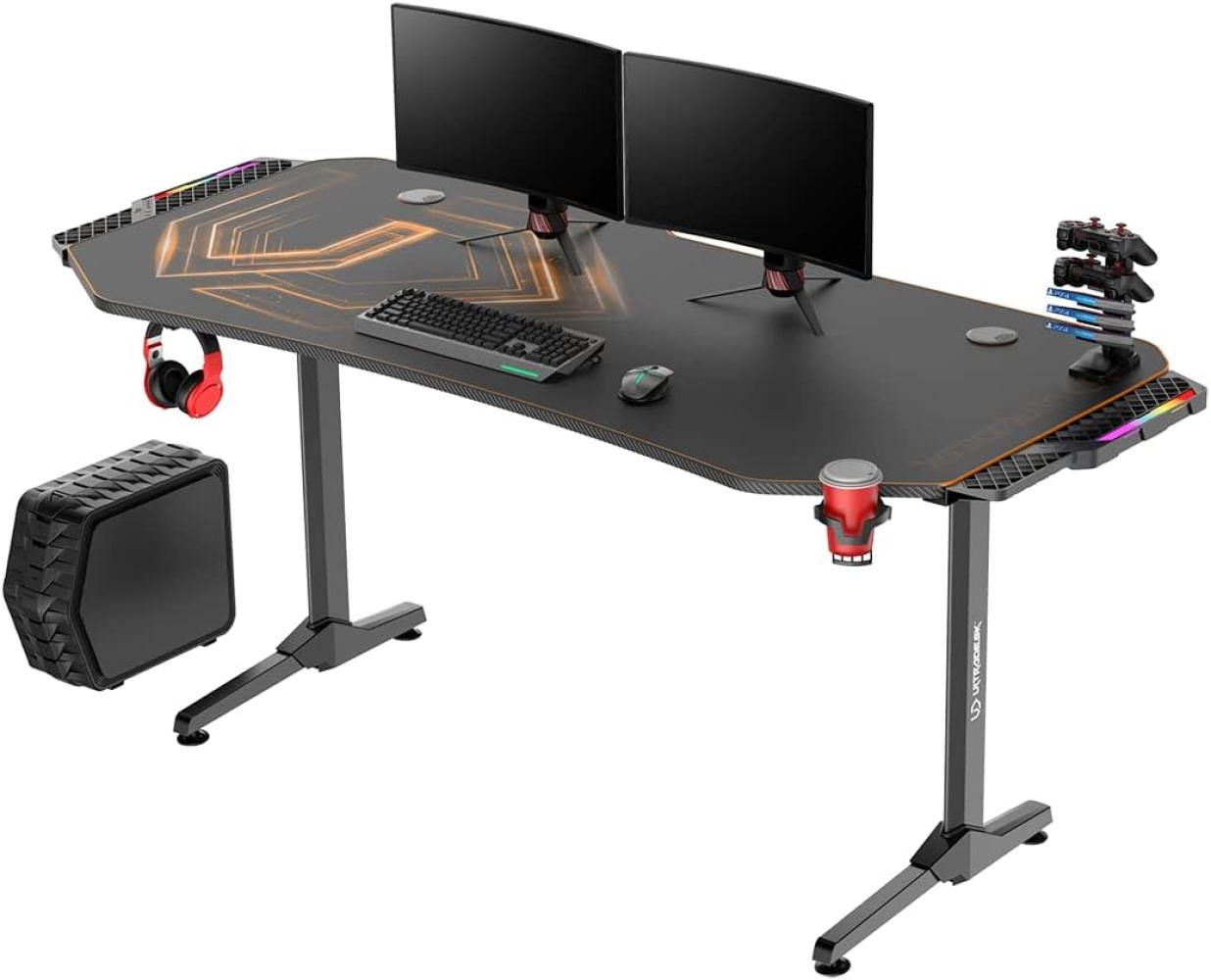 ULTRADESK Frag XXL RGB LED | Gaming-Schreibtisch mit großer Arbeitsfläche & XXL-Pad, 2 Kabeldurchlässe | Gut für Home Office, Fach für Steckdosenleisten | Stahlgestell, Goldenes Pad, 160x75 cm Bild 1