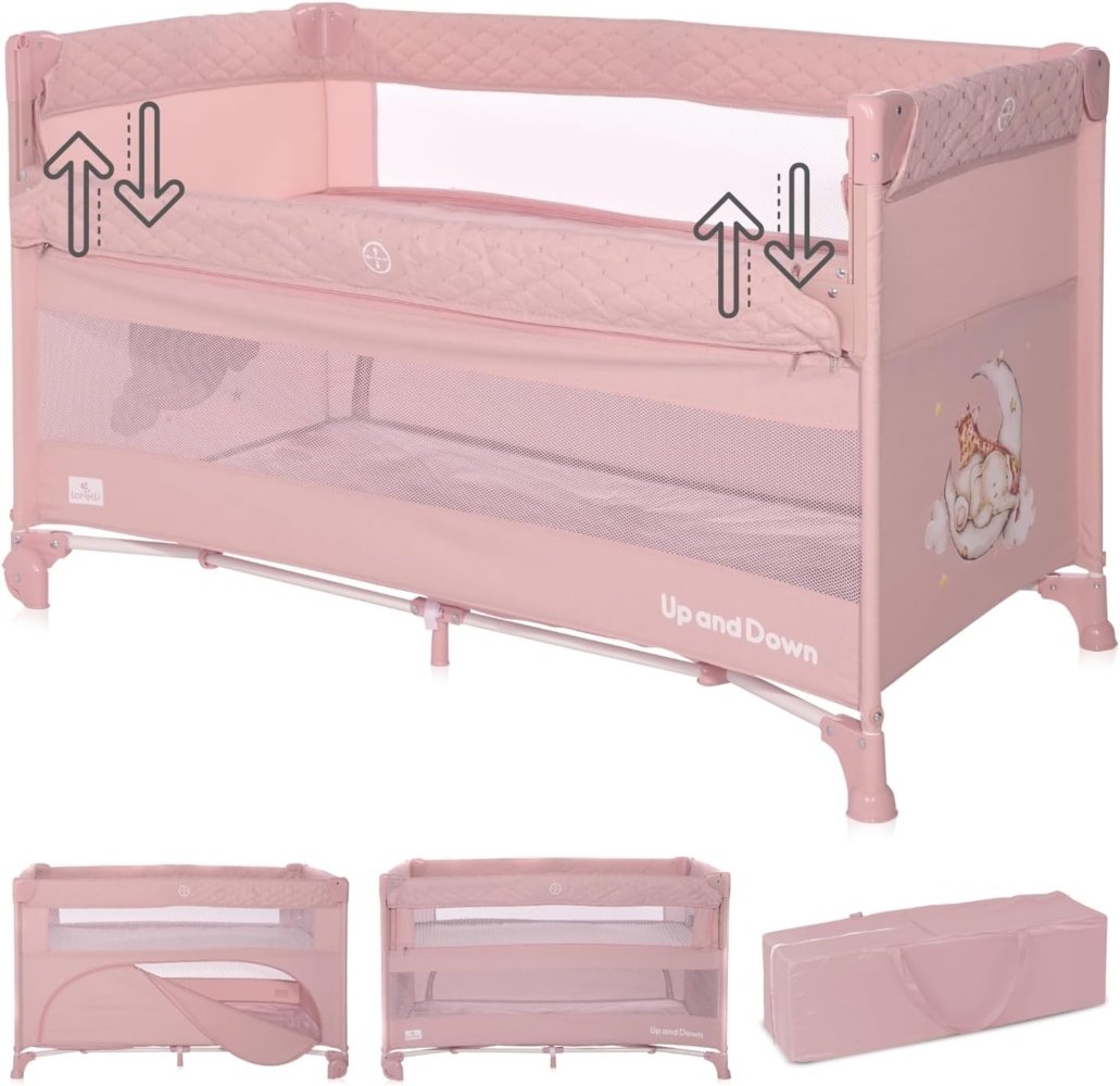 Lorelli Baby Reisebett Up´n Down, Öffnung, 2 Ebenen, Tragetasche, mit Rädern rosa Bild 1