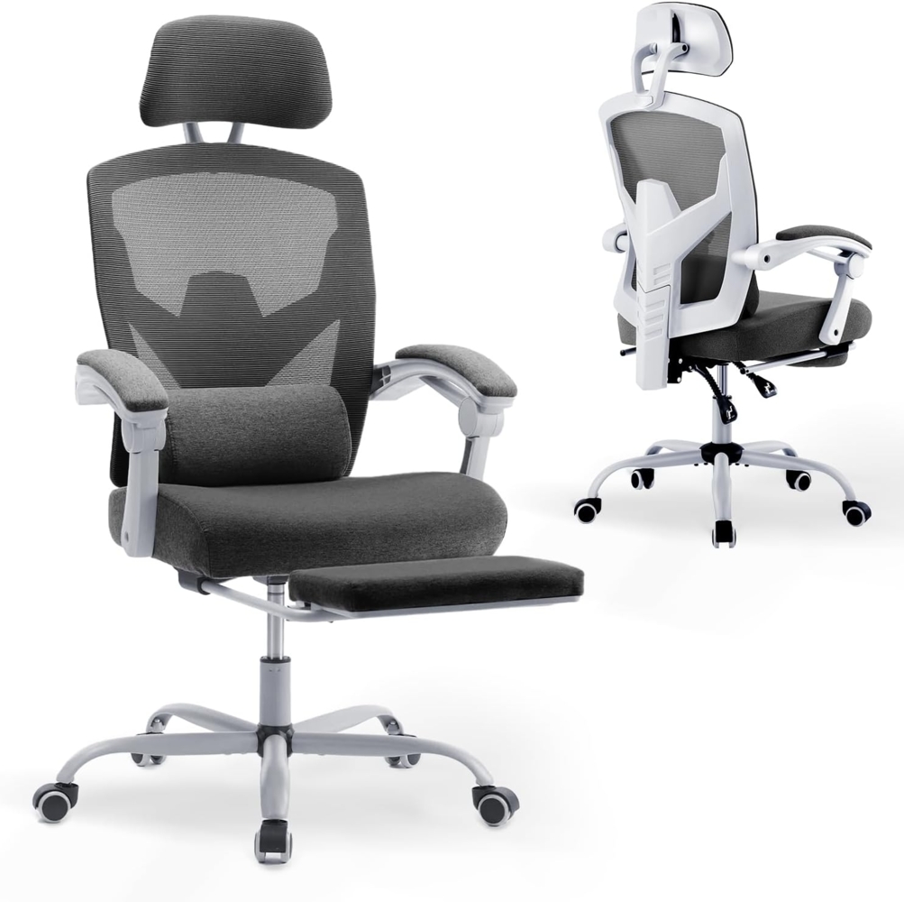 DUMOS Bürostuhl Ergonomisch - EIN Schreibtischstuhl mit Komfortarmlehnen, Ausgestattet mit Einer Bequemen Lendenwirbelstütze und Fußstütze, Office Chair Geeignet für Zuhause, Büro (Grau) Bild 1