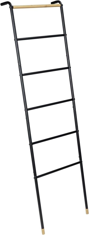 WENKO Handtuchleiter Loft, Leiter mit 6 Sprossen für Handtücher & Badetücher, Stabiler Metall-Rahmen im Industrial-Style, obere Stange aus FSC® zertifiziertem Bambus, 43 x 156 x 10 cm, Schwarz/Natur Bild 1