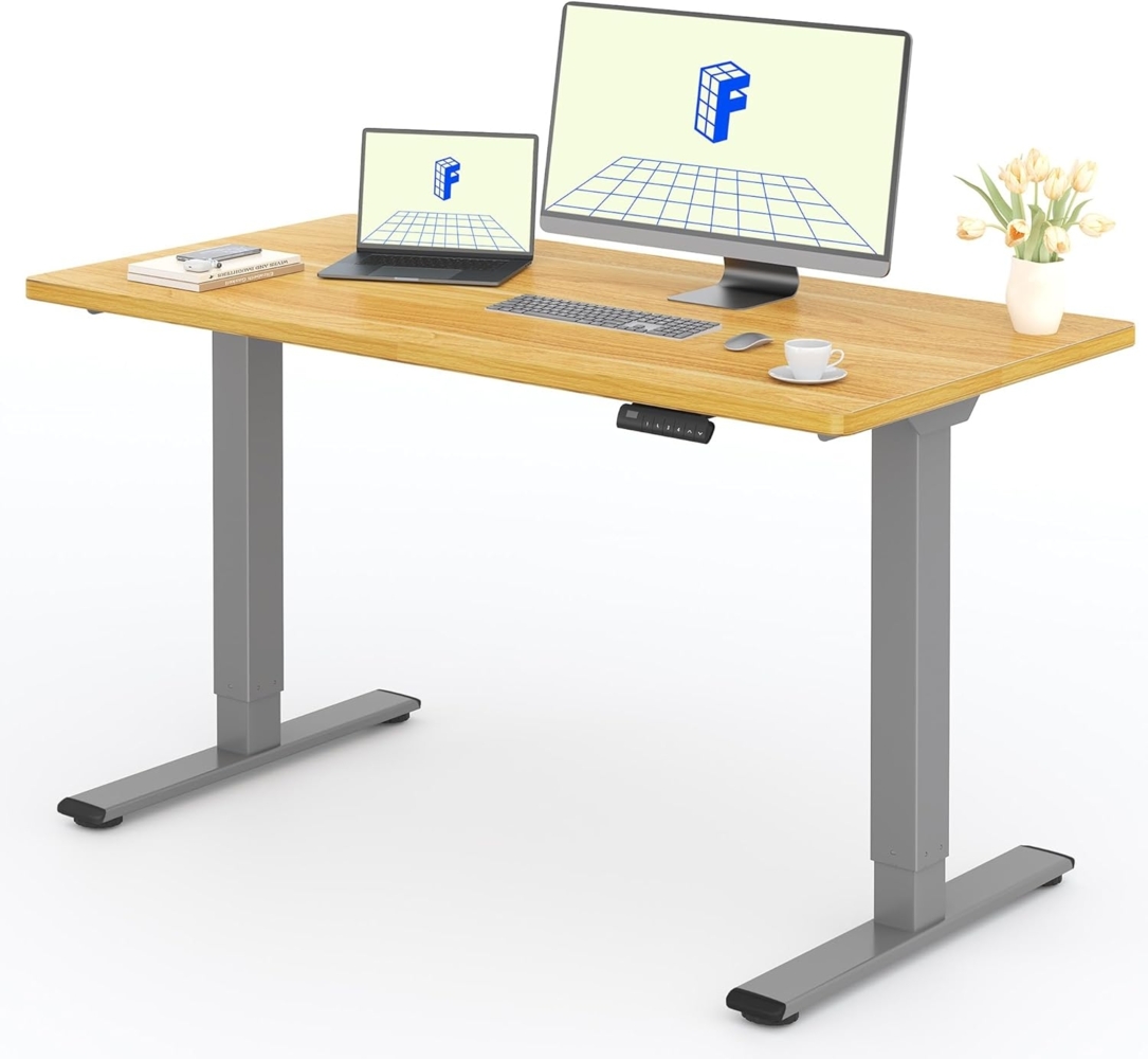 FLEXISPOT Basic Plus Elektrisch Höhenverstellbarer Schreibtisch (140x80 cm) mit Tischplatte 2-Fach-Teleskop, Sitz- & Stehpult mit Memory-Steuerung (ahorn+grau Gestell) Bild 1