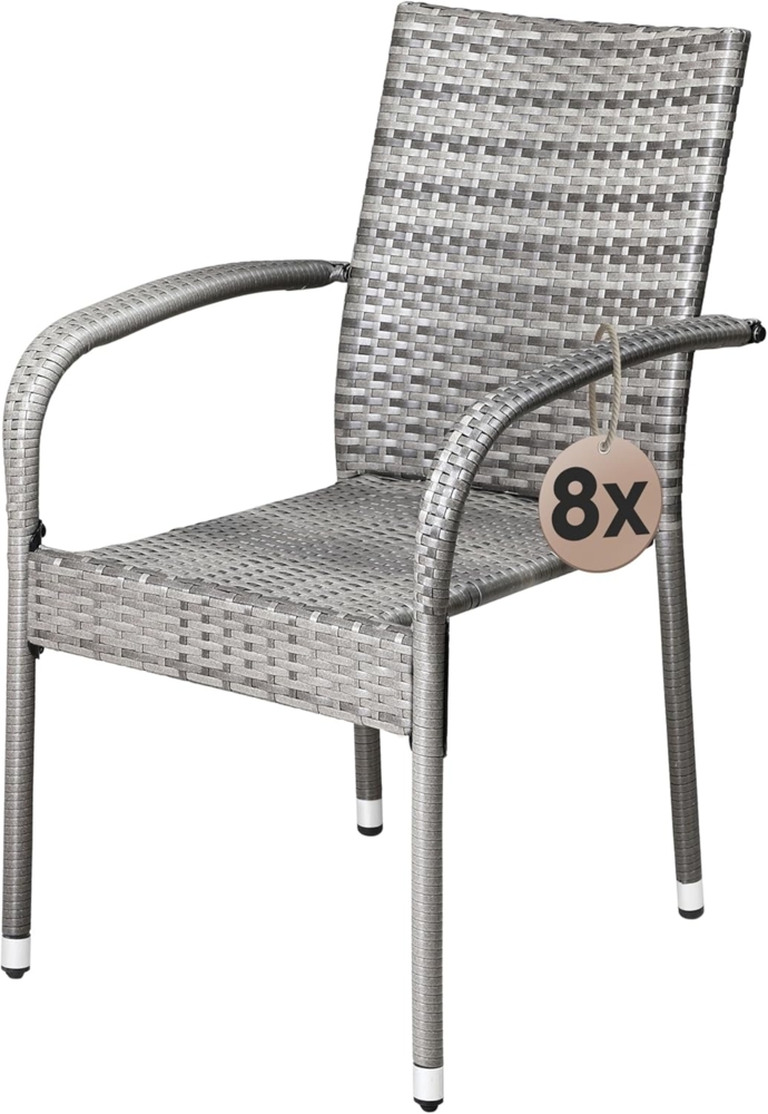 CASARIA 8-tlg. Gartenstuhl-Set, stapelbar & wetterfest, Polyrattan mit Armlehne, bis 160 kg belastbar, Grau Bild 1