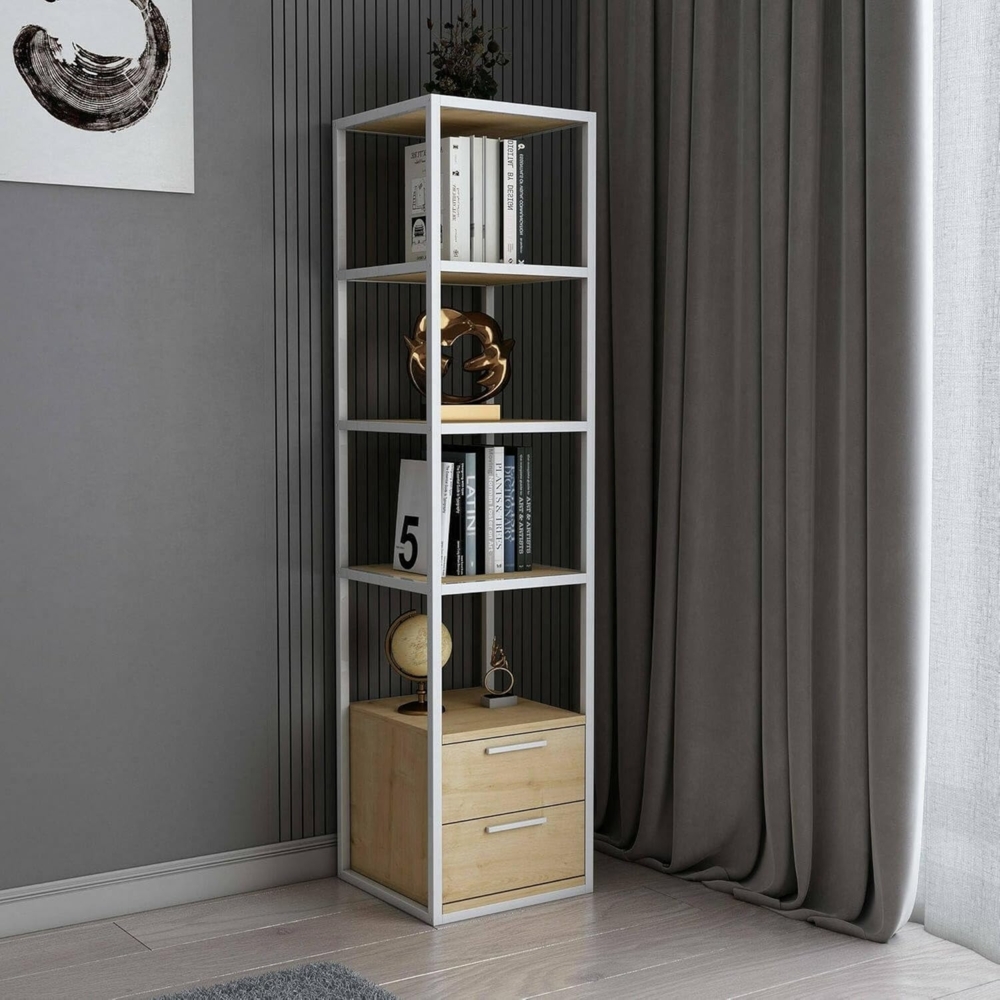 Dmora - Bücherregal Artemis, Büroregal, Mobiler Buchhalter, Bücherbrett, 39x39h169 cm, Weiß und Eiche Bild 1