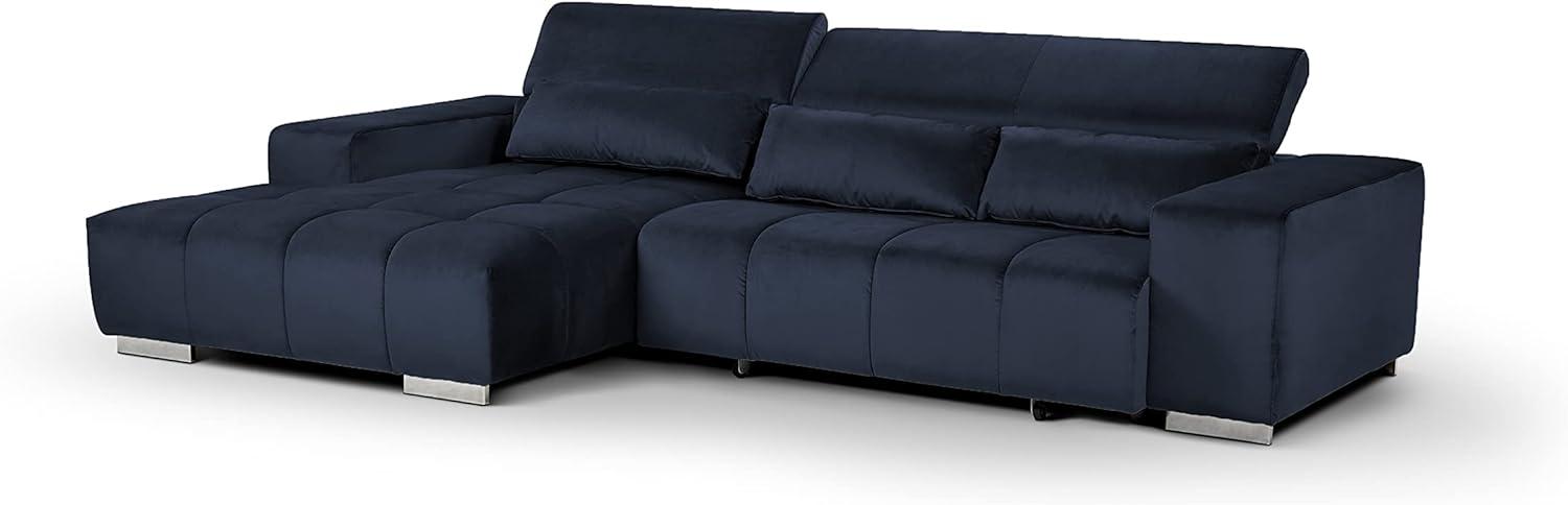 Mivano Eckcouch Orion / Großes Ecksofa mit XL-Recamiere inkl. Relaxfunktion, Kopfteilfunktion und Kissen / 307 x 73 x 186 / Velours, Blau Bild 1